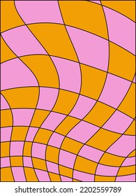 Checkered distorted background with outline. Y2k style. Abstract pattern in a curved cell. Checkerboard background for covers, posters, home decor, office design. Chess pattern. Chessboard surface.