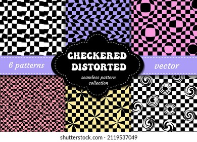 Checkered Distorted Seamless Pattern Set. Abstract Black And White Checkered Background Collection. Psychedelic Trippy Groovy Textures. Vector Illustration