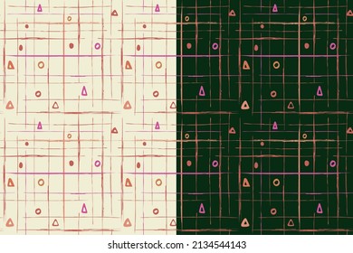 Checkered doodle monochrome abstract seamless pattern. Brush hand drawn lines, geometrical shapes, red pink colors. Criss cross cartoon grunge style. Transparent background. Vector illustration