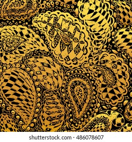 Checkered doodle tattoo background. Illustration with paisley ornaments. Hand-drawn flowers. Universal backdrop for everything. Gold color.