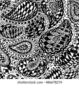 Checkered doodle tattoo background. Illustration with paisley ornaments. Hand-drawn flowers. Universal backdrop for everything. 