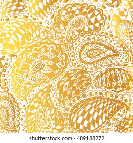 Checkered doodle tattoo background. Illustration with paisley ornaments. Hand-drawn flowers. Universal backdrop for everything. Gold color.