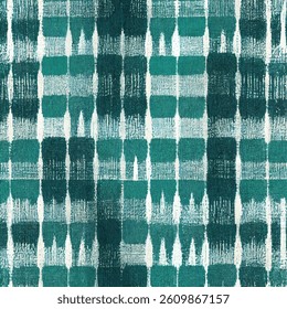 Checkered fabric with teal and white color blocks, grunge lines ikat pattern, striped seamless pattern, Vector illustration background for print the paper.