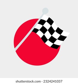 Checkered Finish Flag in a red circle. Racing competitions, motorcycle racing. Waving black and white flag. Victory, end of the race. Color image on a gray background. Vector illustration.