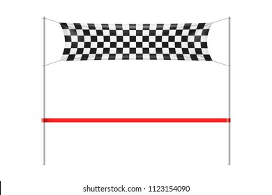 Checkered finish line banner with red ribbon, vector illustration