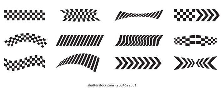 Checkered flag car sport race element. Sports racing black and white vector illustration set