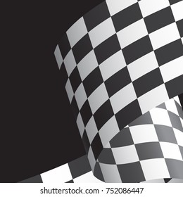 Checkered flag flying wave on black design sport race championship background vector illustration.