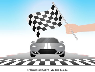 Checkered Flag in Hand Waving in Sport Racing Track Stadium. Racing Track with Start or Finish line. Race track road. Vector Illustration.