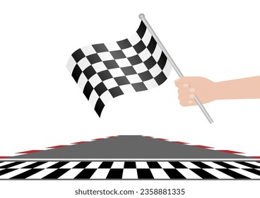 Checkered Flag in Hand Waving in Sport Racing Track Stadium. Racing Track with Start or Finish line. Race track road. Vector Illustration.