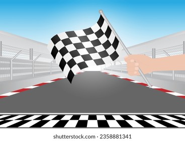 Checkered Flag in Hand Waving in Sport Racing Track Stadium. Racing Track with Start or Finish line. Race track road. Vector Illustration.