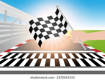 Checkered Flag in Hand Waving in Sport racing track Stadium. Racing Track with Start or Finish line. Go-kart track. Race track road. Vector Illustration.