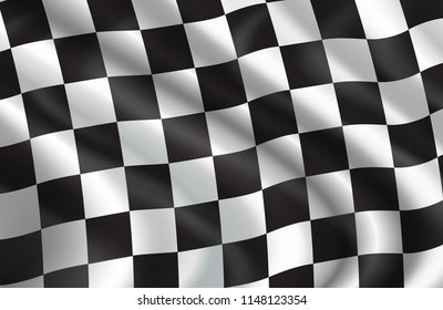 Checkered flag pattern of car racing. Vector 3D background of white and black squares on waving flag for rally sport club or bike races competition in start and finish backdrop design
