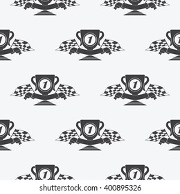 Checkered Flag or racing flags icon seamless pattern first place prize cup and finish ribbon. Sport auto, speed and success, competition and winner, race rally, vector illustration.