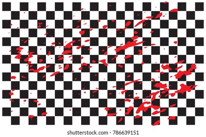 Checkered flag. Racing flag isolated on white. Red blood over checkered flag.