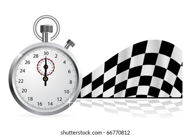 Checkered flag with a stopwatch on white background