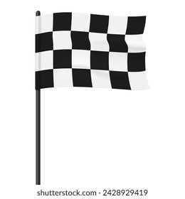 Checkered flag waving on a black flagpole, vector illustration isolated on a white background.