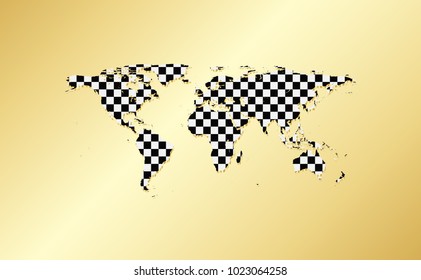 Checkered flag. World map. Racing flag on gold background