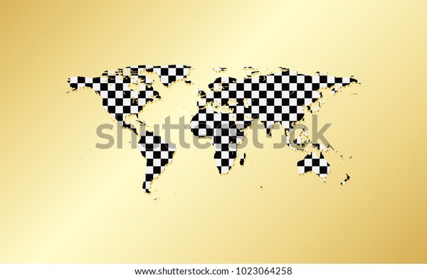 Checkered\
flag. World map. Racing flag on gold\
background