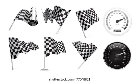 Checkered Flags set with speedometer illustration on white background.