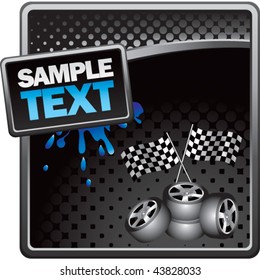 checkered flags and tires black halftone grungy ad
