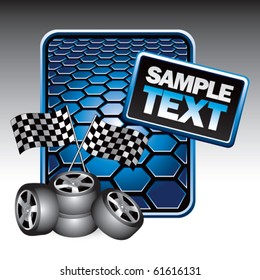 checkered flags and tires blue hexagon ad