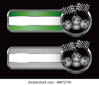 checkered flags and tires green and silver checkered banners