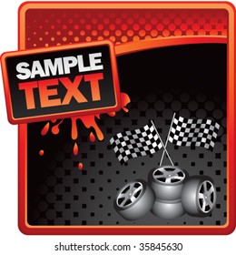 checkered flags and tires on grungy splattered background