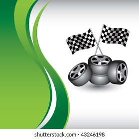 checkered flags and tires vertical green wave background