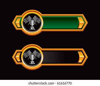 checkered flags and trophy green and black arrows