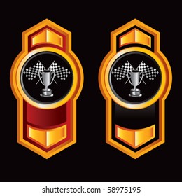 checkered flags and trophy orange and red and black lined arrows