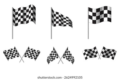 Checkered flags, vector set isolated on white