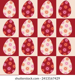Checkered floral easter eggs seamless pattern on dark red and white checkerboards. For easter print, fabric, textile and wallpaper