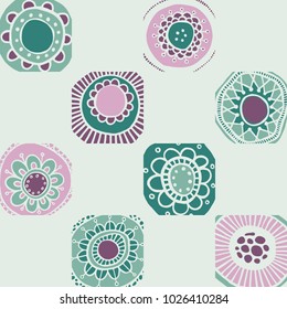 
Checkered floral pattern on squares. Green, mint, pink, burgundy.