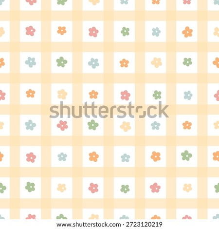 Checkered floral seamless pattern with cute small flowers and yellow checkered stripes. Good for wallpaper, scrapbooking, textile prints, stationery, wrapping paper, backgrounds, etc. EPS 10