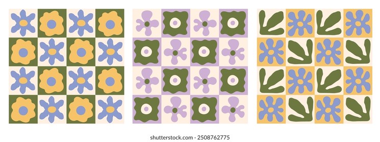 Patrones florales a cuadros sin fisuras en estilo Antiguas. Moderna colección de fondos abstractos dibujados a mano con textura de tablero de ajedrez, flores y hojas mínimas. Repetir Ilustración vectorial