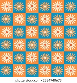 Checkered flowers on blue and orange checkerboards seamless pattern. For wrapping paper, stationary and textile