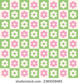 CHECKERED FLOWERS SEAMLESS PATTERN GREEN,PINK AND BEIGE