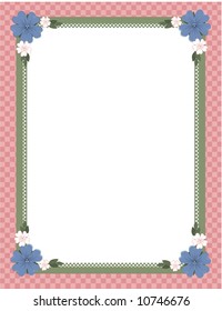A checkered frame with blue and pink apple blossoms at the corners