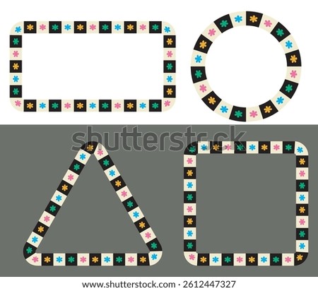 Checkered frame, flower symbol set. Square boarder, circle, triangle, rectangle geometric shape background. Black, white cream, multi colored, modern graphic, vintage style design. Vector illustration