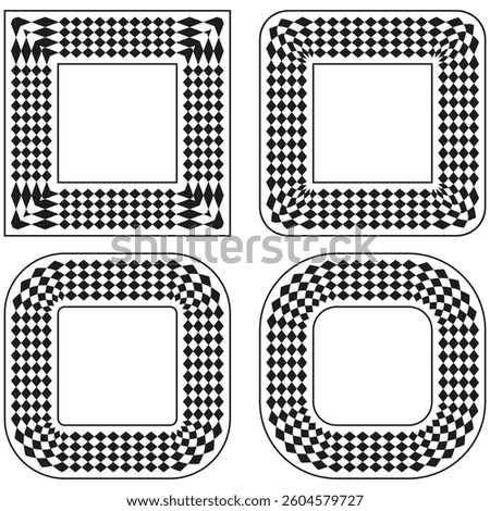 Checkered frame icons. Hypnotic squares pattern. Black white border. Vector geometric shape.