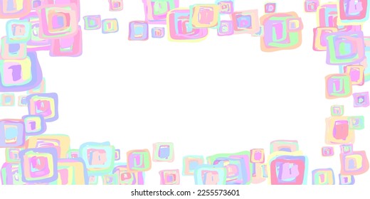 Checkered frame made up of spiral squares. Hand-drawn geometric tiled doodle background with randomly arranged texture. Harmoniously selected paints in pastel color. Vector design