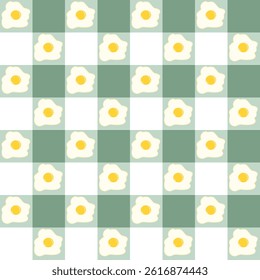 Checkered Fun: Sunny Side Up Fried Eggs on a Green White Pattern for Kitchen Breakfast Decor