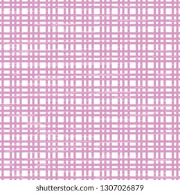 Checkered geometric background for tablecloth, fabric, bedspread design. Textured check illustration. Seamless vector pattern with pink cell on white background.