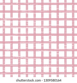 Checkered geometric background for tablecloth, fabric, bedspread design. Textured check illustration. Seamless vector pattern with pink cell on white background.
