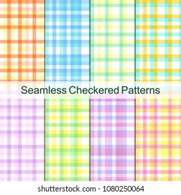 Checkered geometric colorful seamless pattern set. Cute pastel soft color abstract frame. Plaid texture background ornament for design or fabric textile. Vector spring summer style.