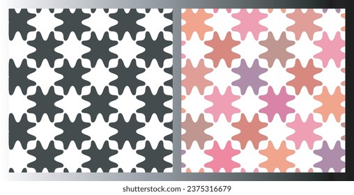 Checkered geometric grid seamless patterns, set of 2. Monochrome black, white background, pink lilac orange color palette template. Trendy print for social media, banner, poster. Vector illustration