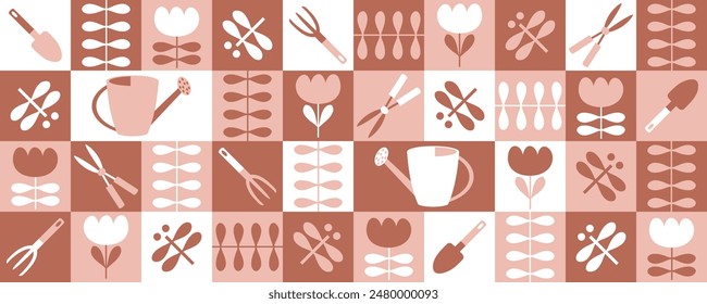 Checkered geometric horizontal banner with garden inventory and tulip flowers. Hand drawn vector agriculture design.