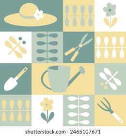 Kariertes geometrisches nahtloses Muster mit Gartenwerkzeugen und Libellen. Sommerdruck für Papier, Textil und Stoff. Handgezeichnete Vektorillustration für Dekor und Design.

