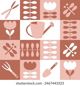 Checkered geometric seamless pattern with garden inventory and tulip flowers. Summer print for paper, textile and fabric. Hand drawn vector illustration for decor and design.


