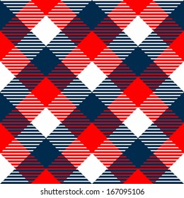 Checkered gingham fabric seamless pattern in blue white and red, vector